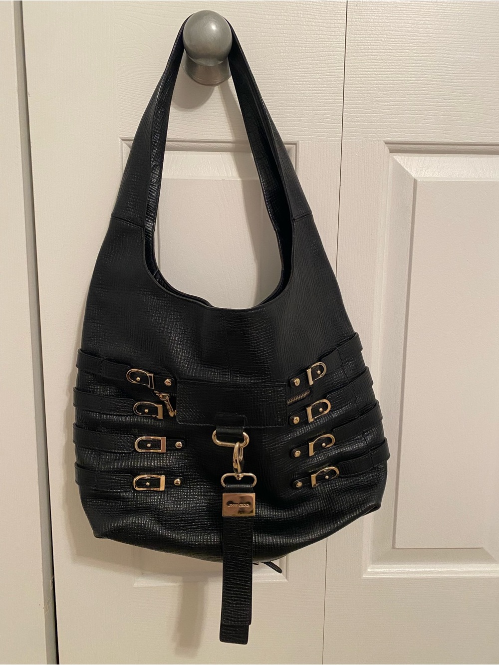 Jimmy Choo Black Shoulder Hobo Bag with Gold Accents